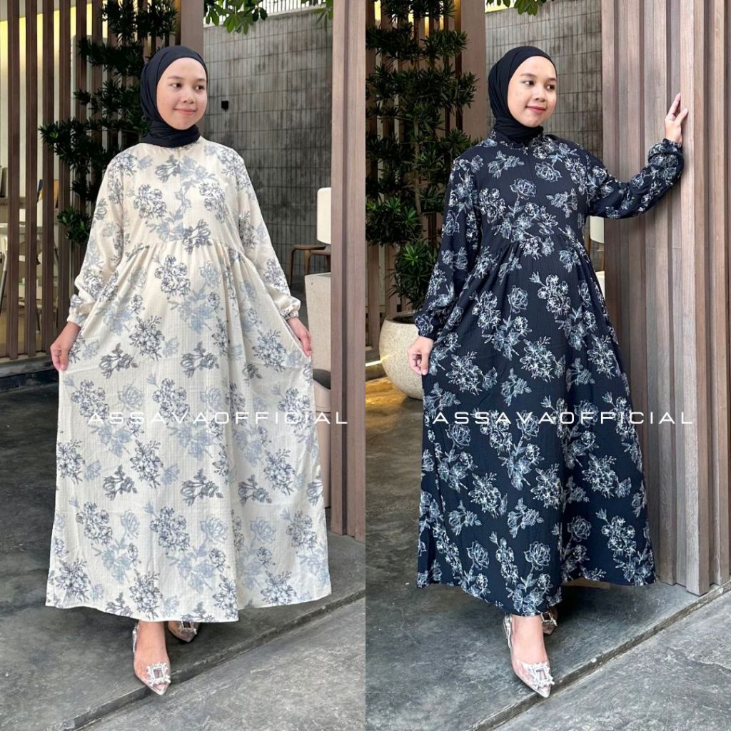 Dress Motif Bunga - Gamis Motif Bunga - Dress Crinkle Motif - Dress Wanita Kekinian