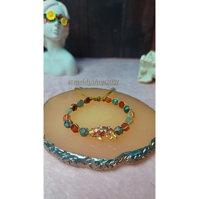 gelang batu pria wanita emas 23k 24k HK batu Bloodstone + carnelian charm babi ikan koi cat koi reje