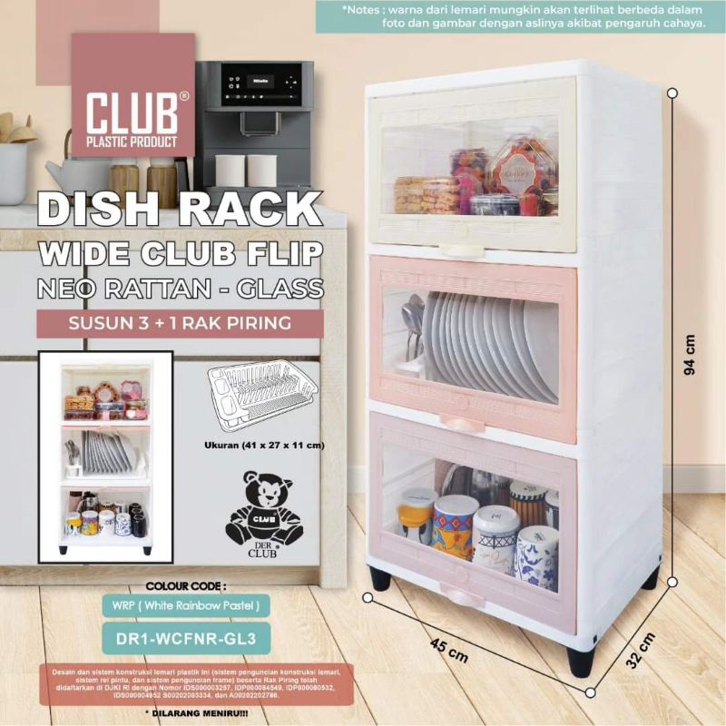 Dish Rack Wide Club Flip Neo Rattan - Glass Susun 3 Lemari Rak Piring Kaca Tingkat Wide Plastik Flip