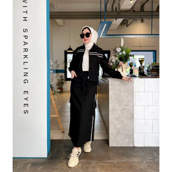 One Set Rok + Jaket Bomber Cargo ZAHRA Setelan Set Rok Terbaru Korean Style Bahan Fleece Premium One