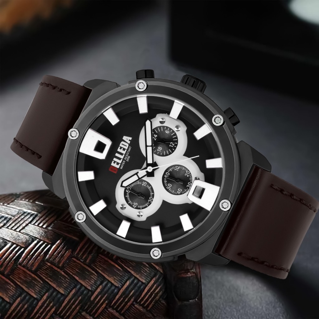 Jam Tangan Pria Belleda 9057 Chrono Aktif Strap Leather Watches Anti Air 30 Meter BELLEDA ™