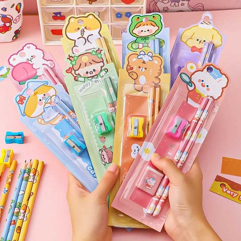 

AC - Alat tulis Set Mini Stationary 5 in 1 Alat Tulis anak Sekolah Penghapus Penggaris Pensil Serutan Karakter Lucu ATK Sekolah