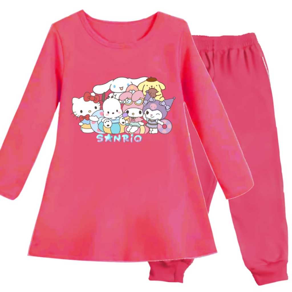 Stelan Dress Tunik Motif Gambar Kartun SANRIO KUROMI Lengan Panjang Oblong aet Anak Perempuan Atasan