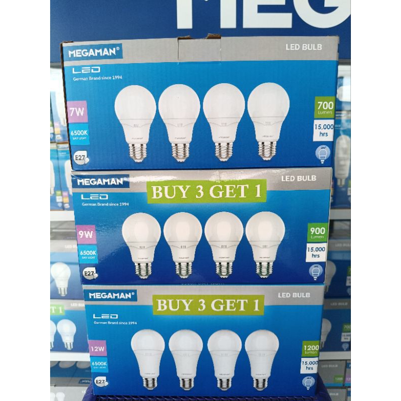 LAMPU LED A BULB PAKET 3 GRATIS 1 12W 6500K CAHAYA PUTIH SNI - MEGAMAN