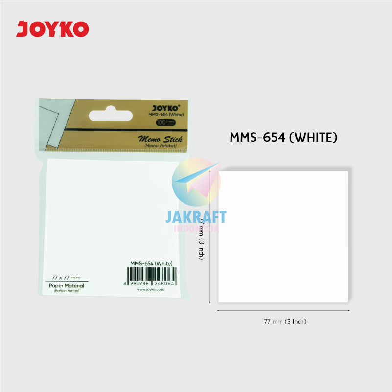 

(100 Lembar) Kertas Memo Stick Tempel Putih Polos JOYKO Sedang MMS-654W Putih White isi 100 Plain Sticky Notes (7.7 x 7.7 Cm)