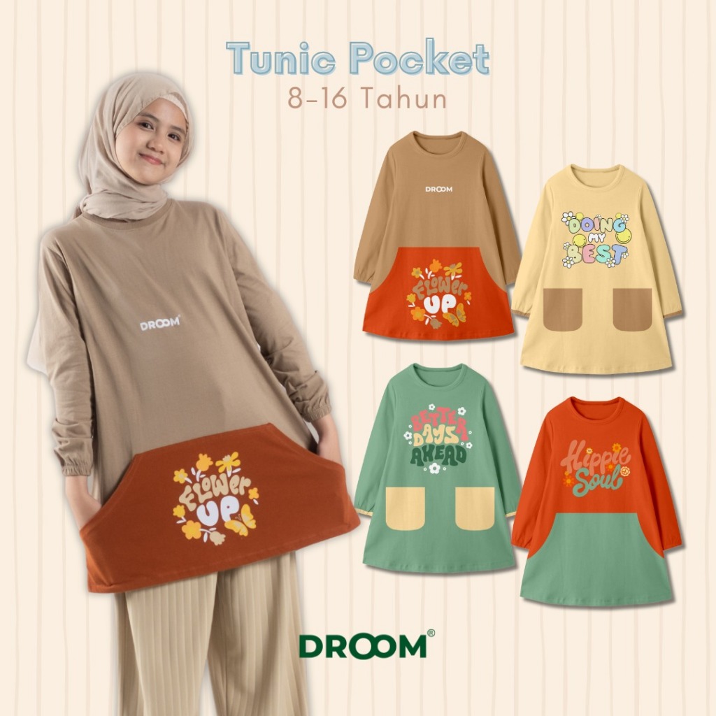 Atasan Kaos Anak Cewek Tunic Saku Double Bahan Katun Combed 24'S Usia 8-16 Tahun