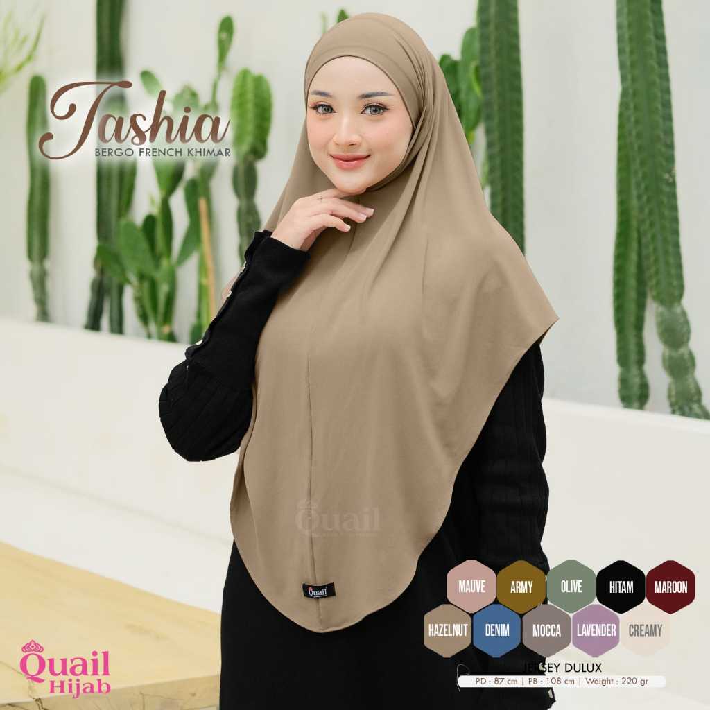 Tashia Bergo Frech Khimar Original Quail Hijab Wanita Fabric Jersey Size Sesuai FOTO
