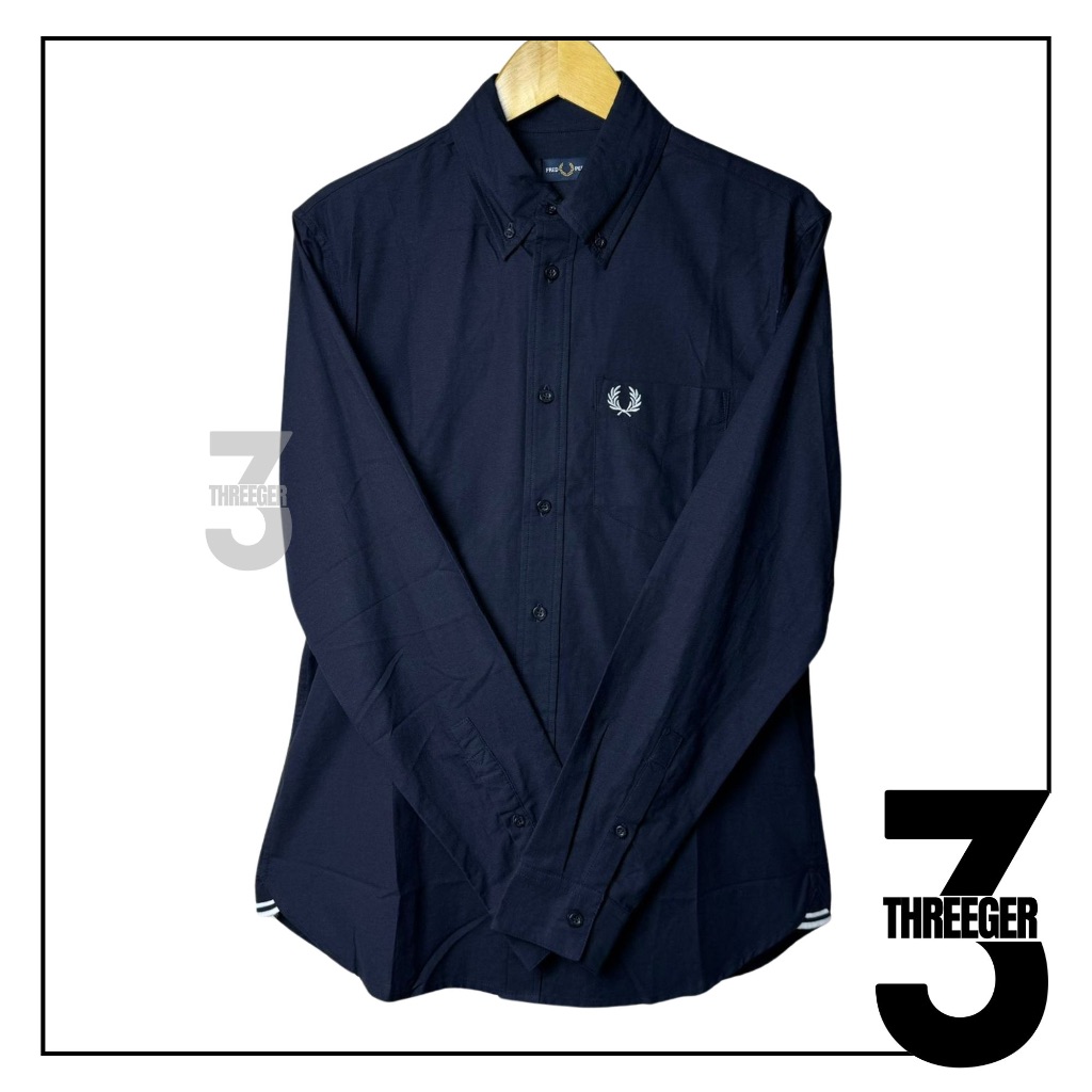 Fred Perry Oxford White Logo Long Sleeve Shirt Navy Original / Kemeja Fred Perry Original