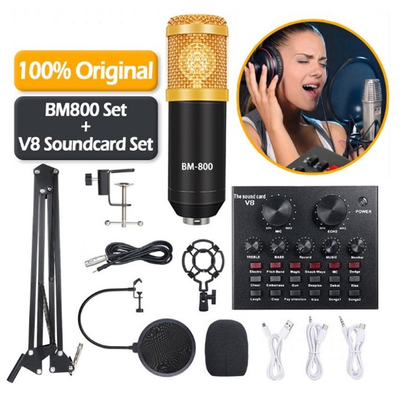 KODE S58C Soundcard V8PAKET KUMPLIT MIC CONDENSER BM 8  STAND  SOUNDCARD V8  SPLITTER