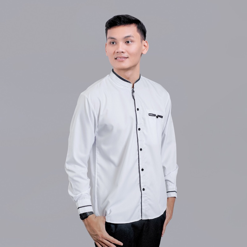 DISKON BAJU KOKO PRIA ELRUMI WARNA PUTIH LENGAN PANJANG KEMEJA KOKO PRIA PUTIH POLOS ELRUMI LENGAN