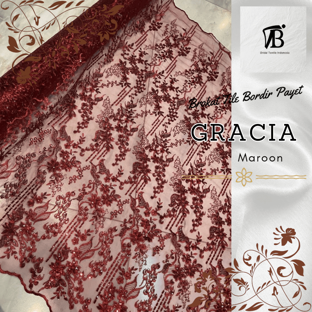 1/2 Meter Kain Brokat Tile Bordir Payet Gracia Bahan Kebaya Warna Merah Maroon