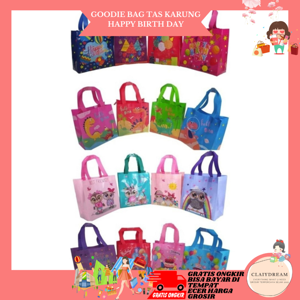 

CLAIYDREAM Goodie Bag Tas Karung Happy Birthday | Ulang Tahun Karakter Anak Tas Kado ( Uk 22x23x11 )