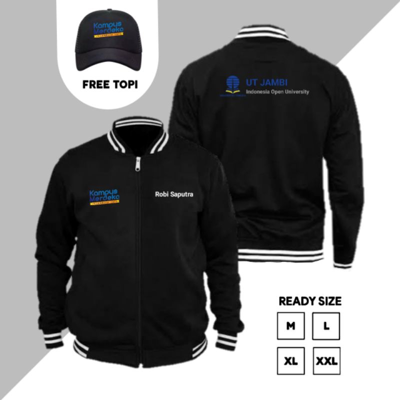 Jaket Varsity Custom Bordir Universitas Terbuka UT Kampus Mengajar Merdeka Belajar Free Topi