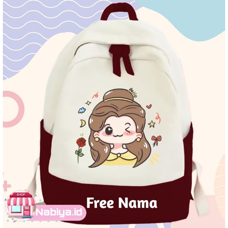 TAS RANSEL ANAK KARTUN BELLE BEAUTY AND THE BEAST BACKPACK ANAK SEKOLAH CUSTOM GAMBAR KARAKTER FREE 