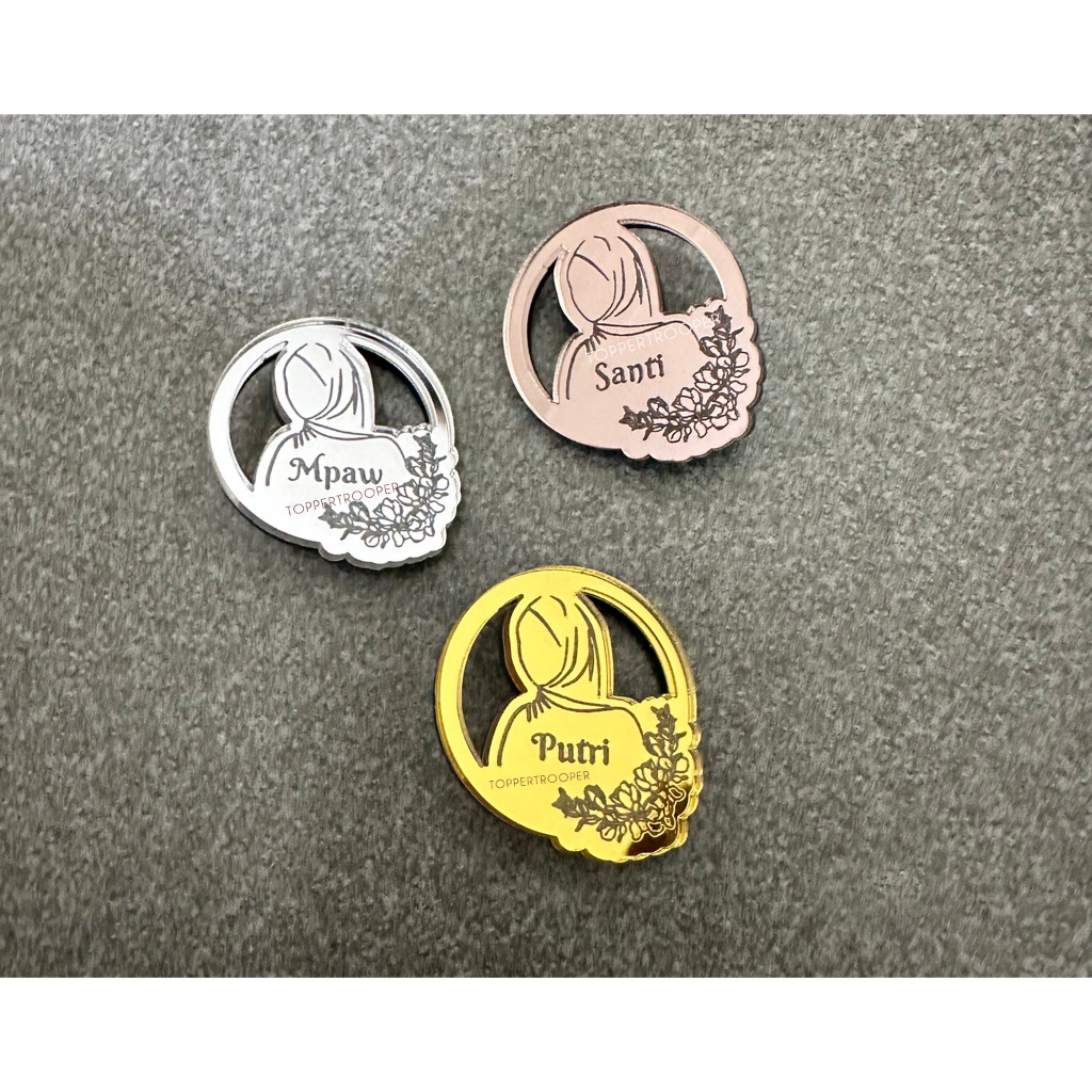 BROS MOTIF BULAT HIJAB BUNGA | CUSTOM NAMA BROS HIJAB |Bros Hijab Nama Akrilik Bulat Grafir Bunga | 