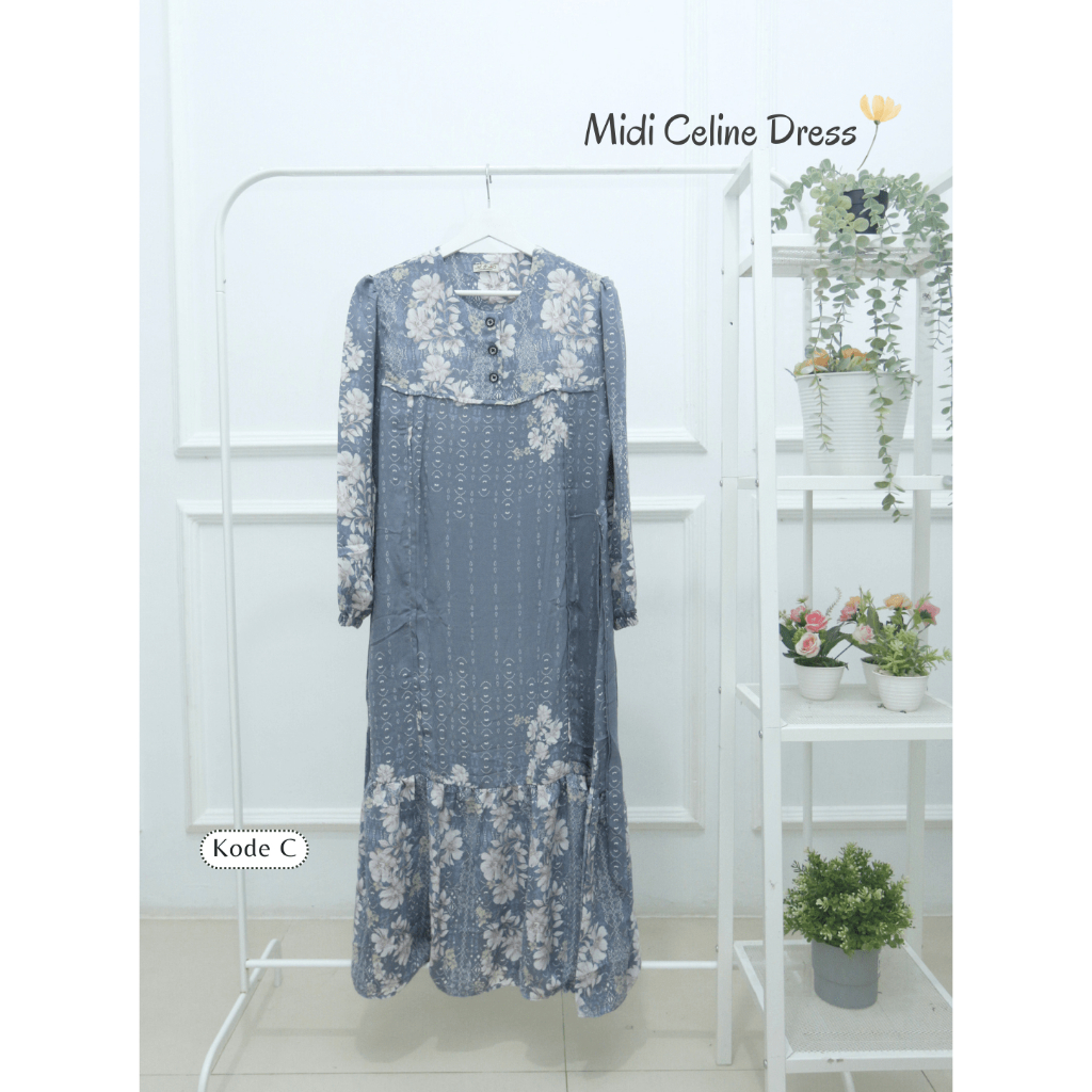 𝐉𝐔𝐇𝐃𝐀 - Midi Celine Dress Wanita Gamis Midi Ceruty Ultimate Premium Motif Bunga Kekinian