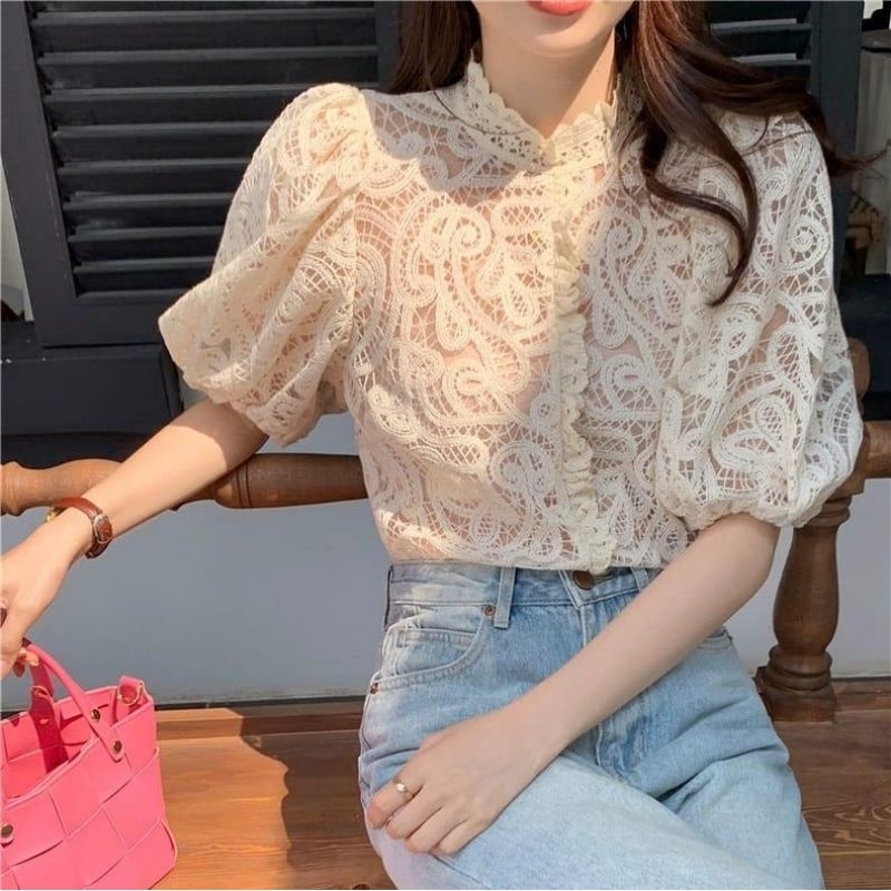 2906 Baju atasan blouse BRITANIA EMBROIDERED LACE BORDIR BROKAT TOP lengan baloon Korea Korean style