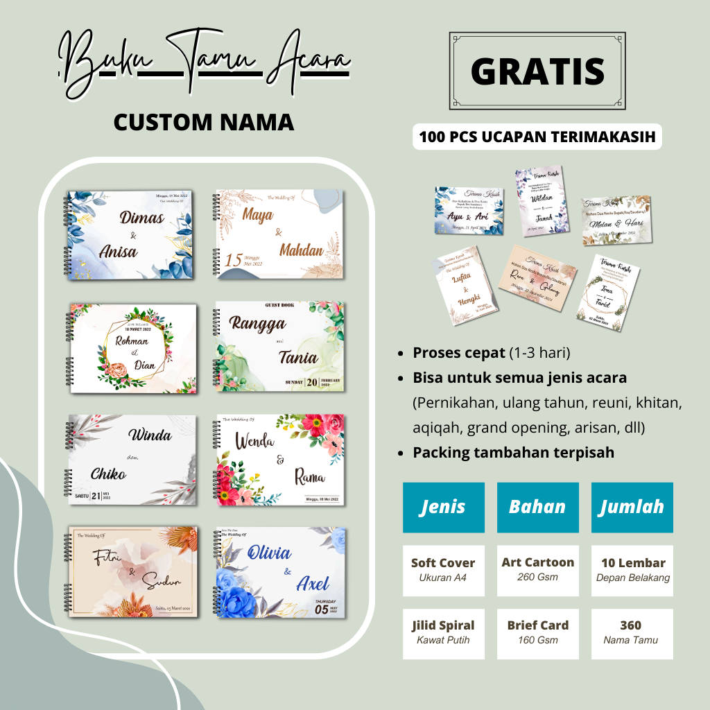 Buku Tamu Custom Nama Premium Aesthetic / Guest Book / Free Thanks Card 100pcs / Isi 360 Nama / Pros