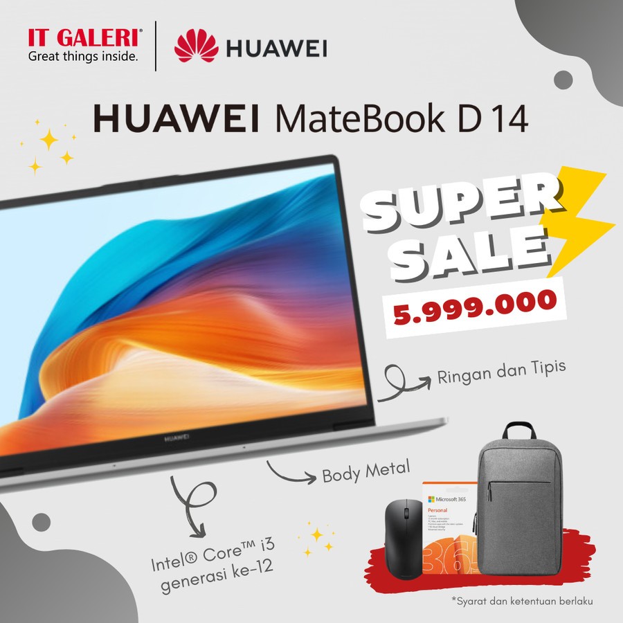 [BARU] HUAWEI MateBook D14 i3-1215U | 8+256GB SSD | Sleek Full Metal Body | Win11 Laptop | Eye Comfo
