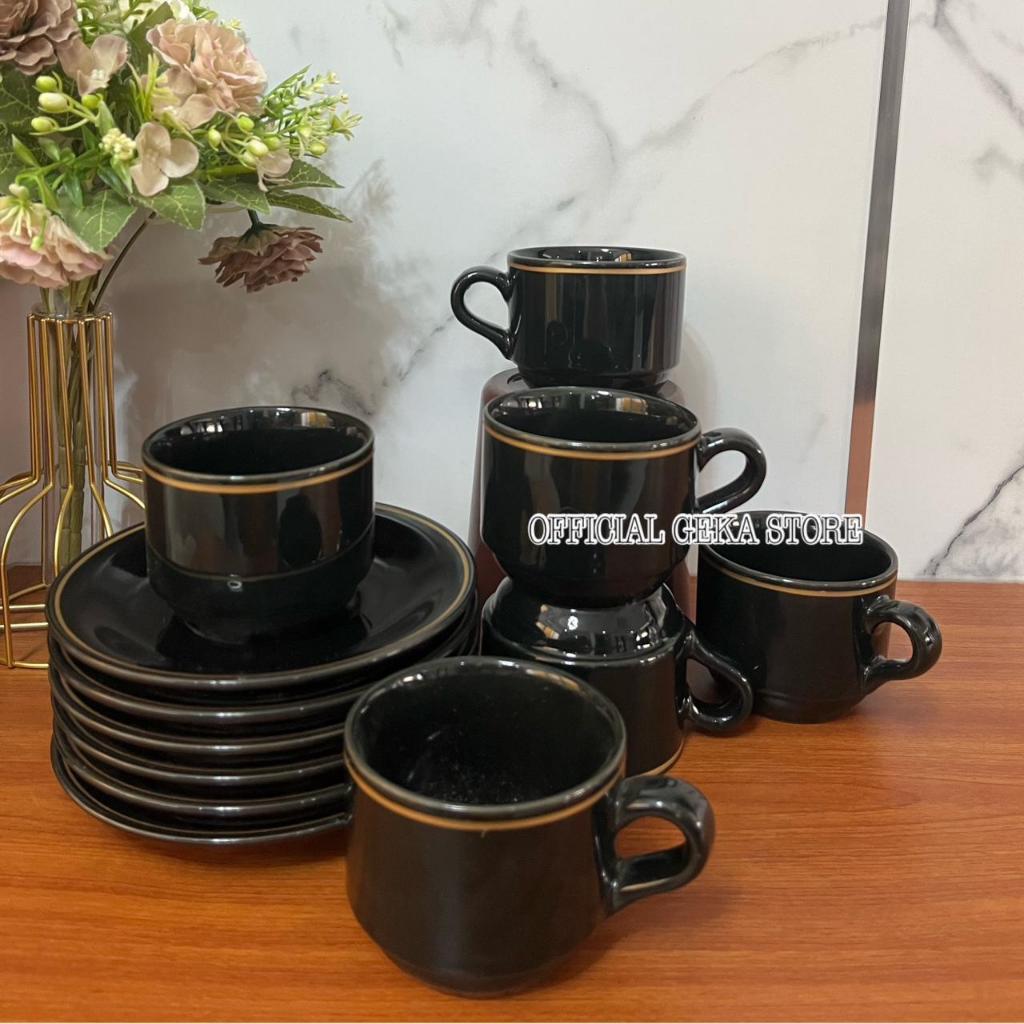 1 SET GELAS KERAMIK MAWAH ISI 12 PCS / SET CANGKIR KERAMIK S ISI (6 GELAS+6TATAKAN)