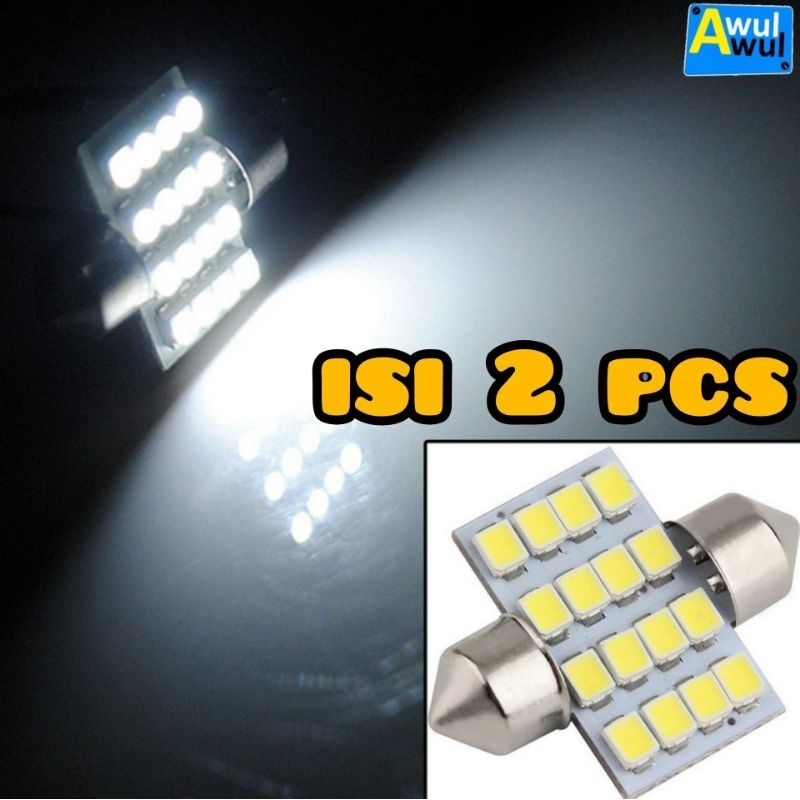 2pcs Lampu Interior / Lampu Plafon / Lampu Kabin Mobil 16 LED Super White 31mm
