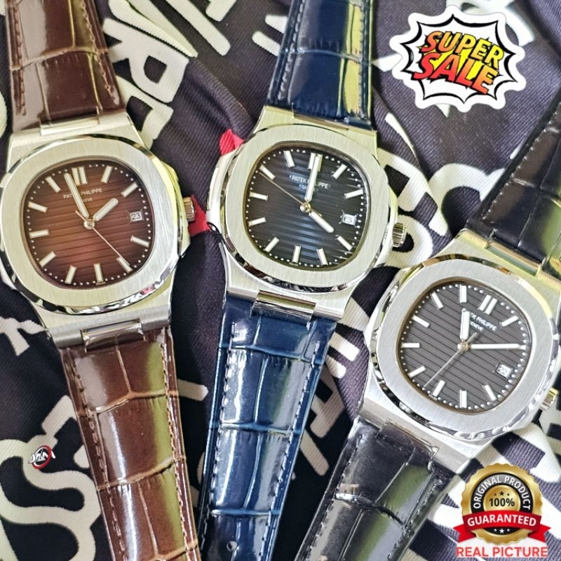 Patek Philip PP Nautlus Silver Strap Leather Jam Tangan Automatic