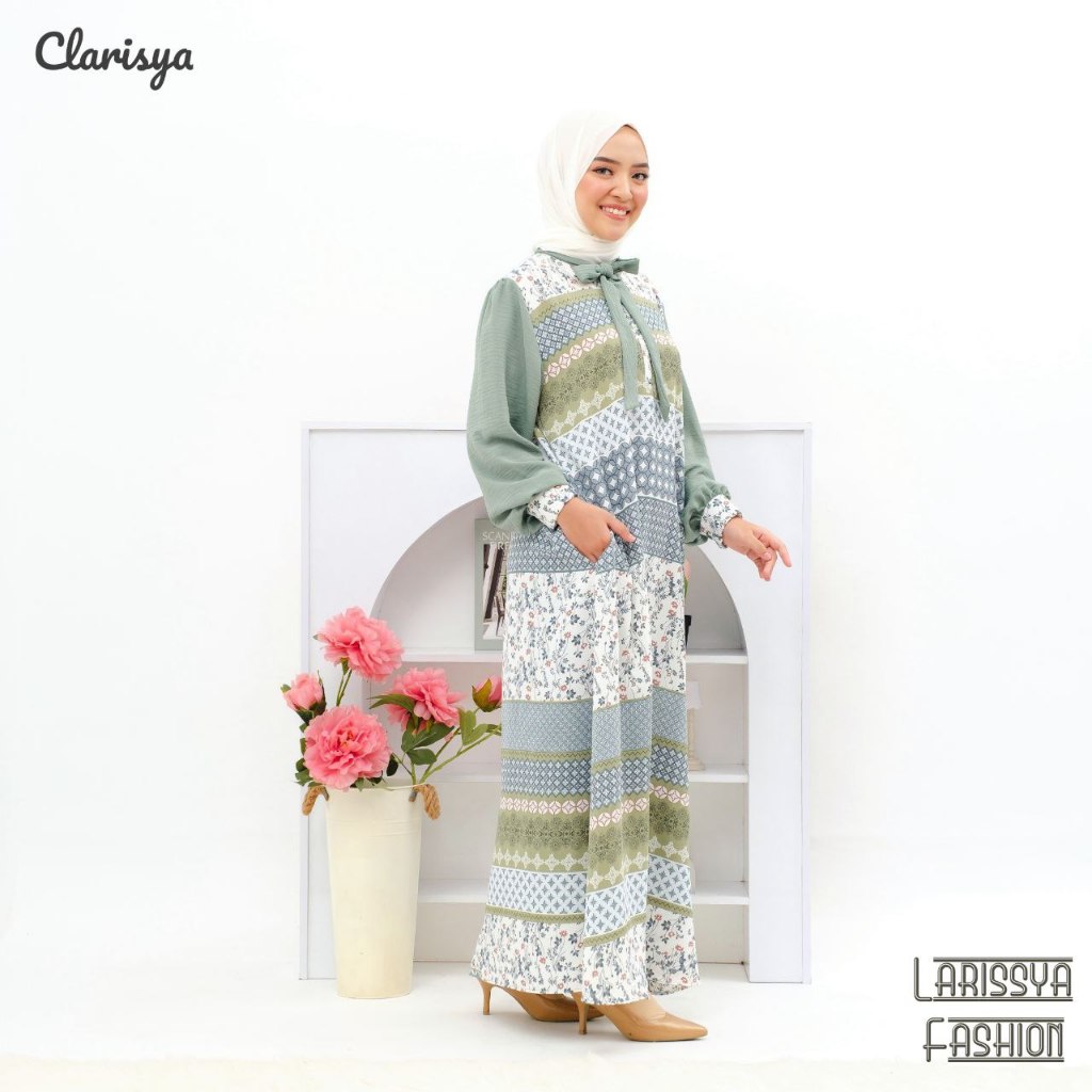 GAMIS CRINKLE TERBARU CLARISYA DRESS WARNA HIJAU WARDAH FULL MOTIF BY LARISSYA FASHION