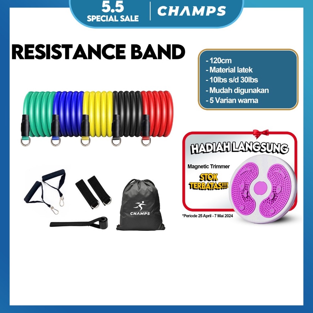 ART J6S7 CHAMPS Resistance band 11 in 1 Set Tali Pembantu Fitness Gym Power  Tali Olahraga  Yoga Loo