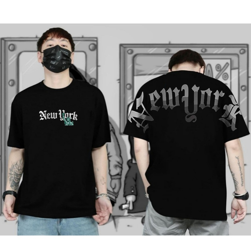 Kaos Distro pria Kaos Motif New York Hitam Baju Kaos Lengan Pendek Keren Kaos Kata Kata Viral Atasan
