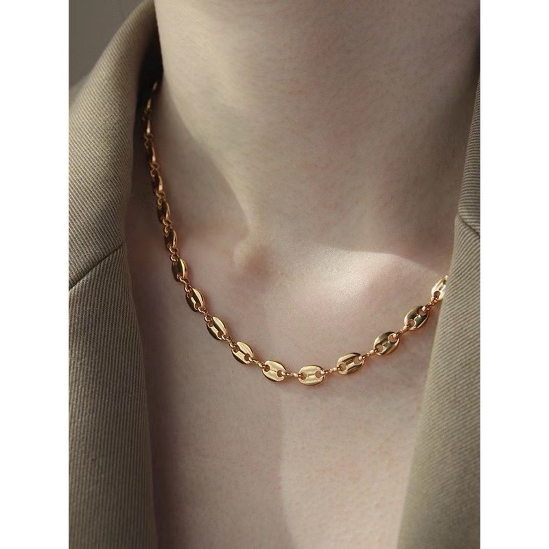 Kalung T037 Wanita Titanium Asli Model Biji Kopi Gaya korea Lapis Emas 18K Everlasting Awet Tahan La
