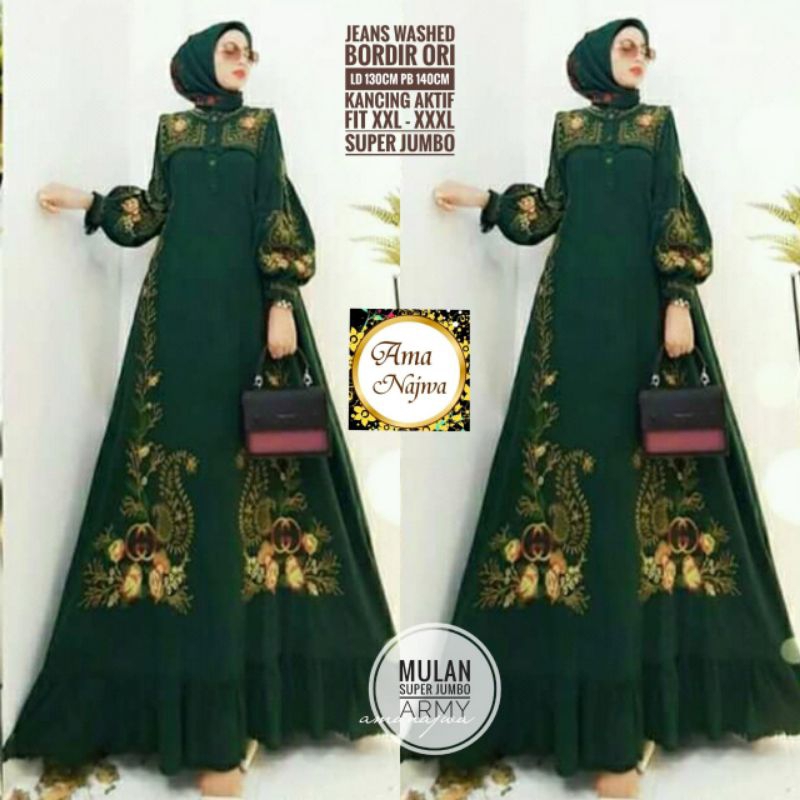 JUMBO LD 130 dan LD 116 CM MULAN GAMIS WANITA JEANS BORDIR BY AMANAJWA
