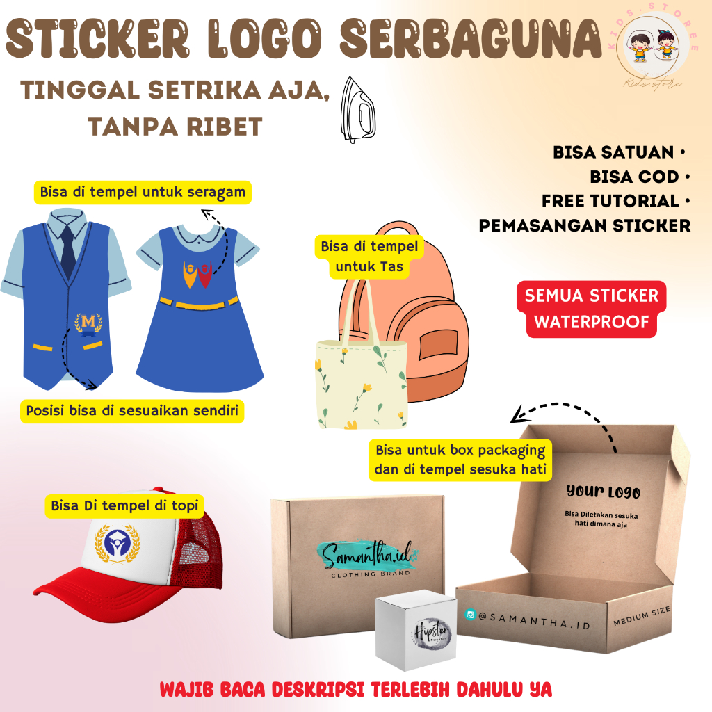 

kidsstoree28 sehari jadi sticker waterproof anti air baju topi seragam tas brand logo packaging kotak kardus box kerdus label stiker tinggal setrika aja label nama logo anti air serbaguna jawa timur