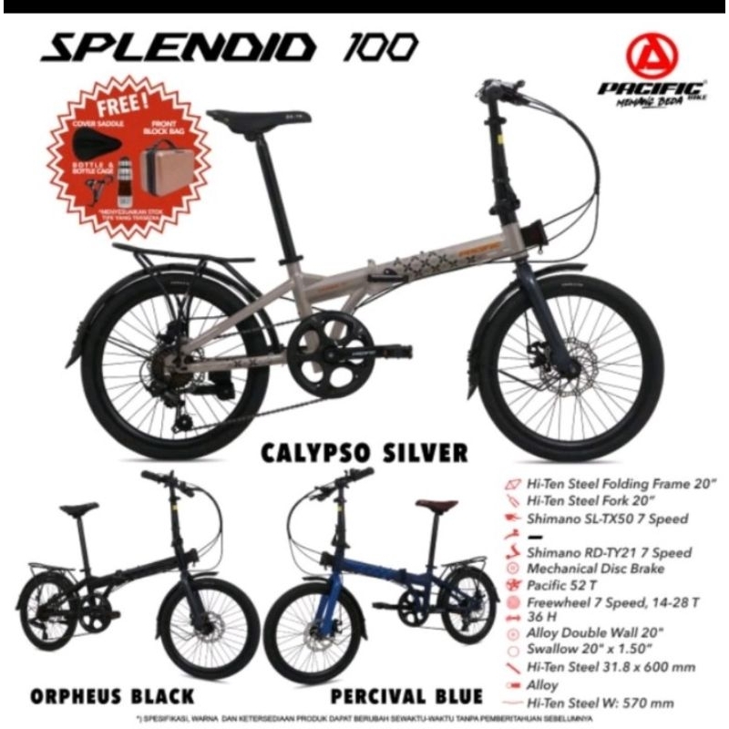 Sepeda Lipat 20 Pacific Splendid 100 7 Speed Shimano + Bagasi murah banyak bonus