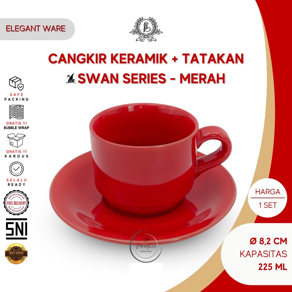 Lucky Swan Series Cangkir Keramik Set Tatakan Polos Merah Glossy 225 ml Gelas Mug Teh Kopi Aesthetic