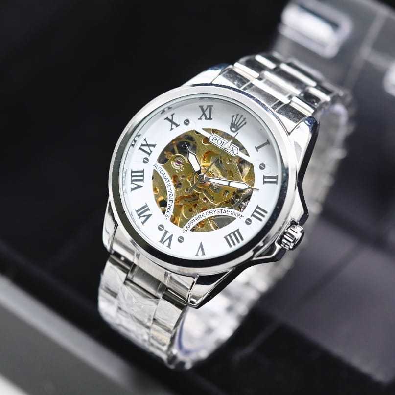 COD Jam Tangan Pria Rolex Automatic Strap Rantai Body Bulat Angka Romawi Free Box