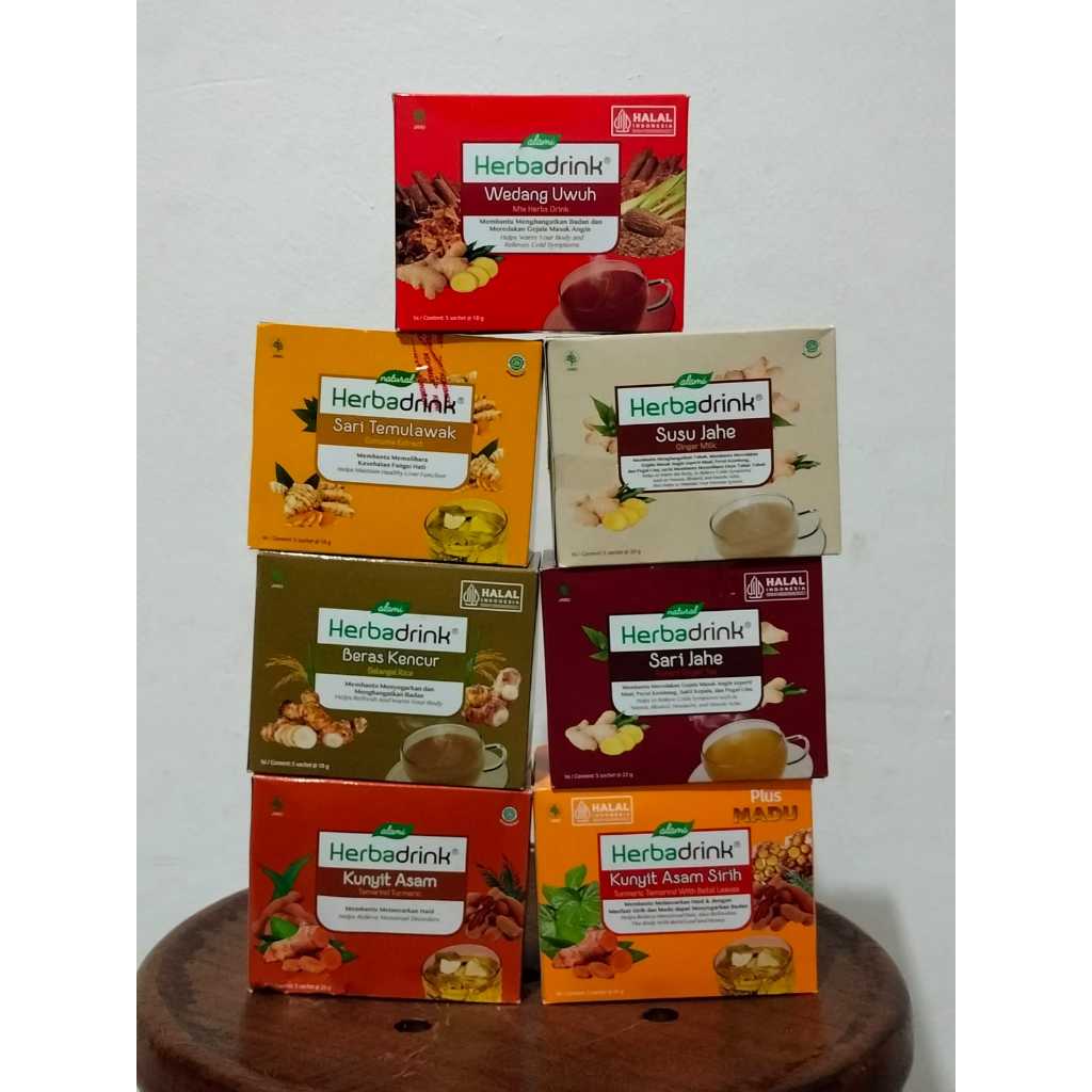 

Herbadrink Jamu Instan 1 Kotak isi 5 Sachet / jamu Kesehatan / Wedang Uwuh / Sari Temulawak / Sari Jahe / Kunyit Asam Sirih / Beras Kencur/ Susu Jahe/ Kunyit Asam