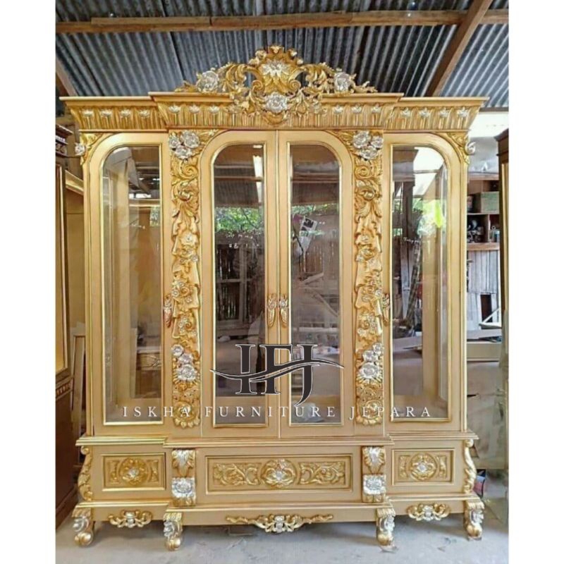 LEMARI HIAS KACA GOLD_LEMARI PAJANGAN MEWAH_LEMARI UKIR JEPARA