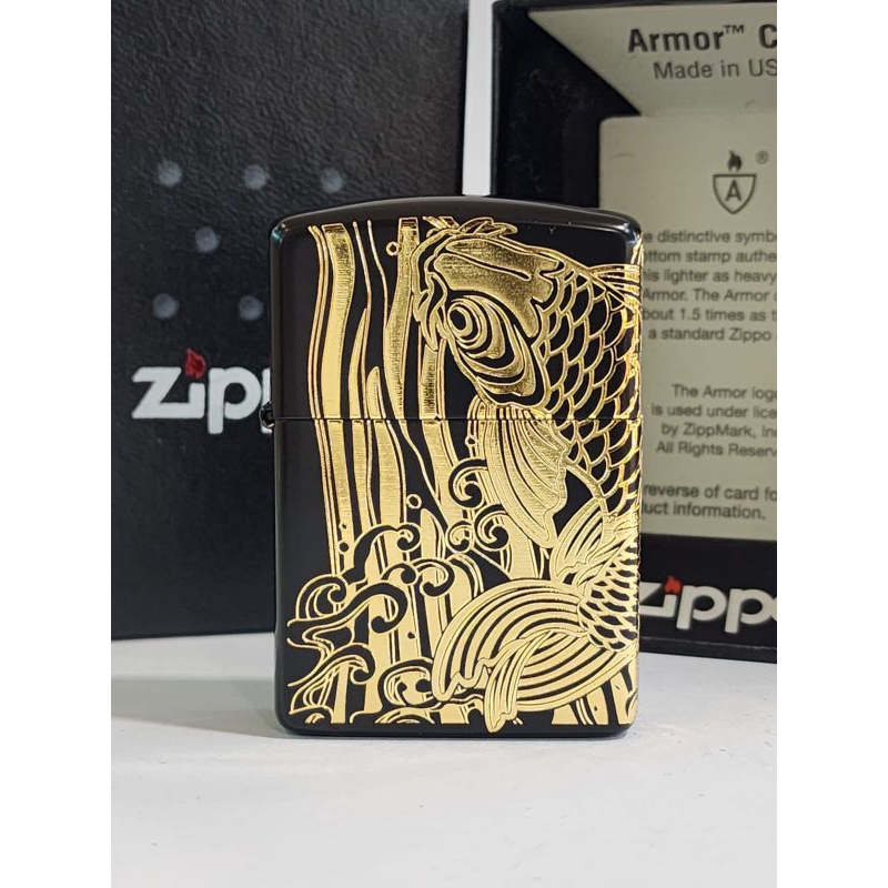 Original Zippo Armor Koi Fountain Black and Gold Plated 2 sisi