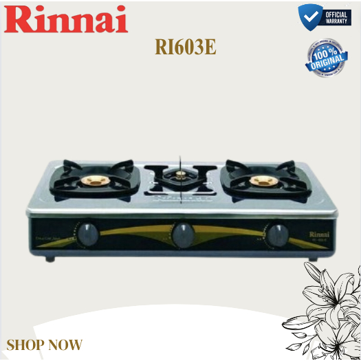 RINNAI KOMPOR GAS 3 TUNGKU RI 603 E/RI603E/RI603 E/RI 603E/RI-603E/RI-603 E/ORIGINAL RINNAI/GARANSI