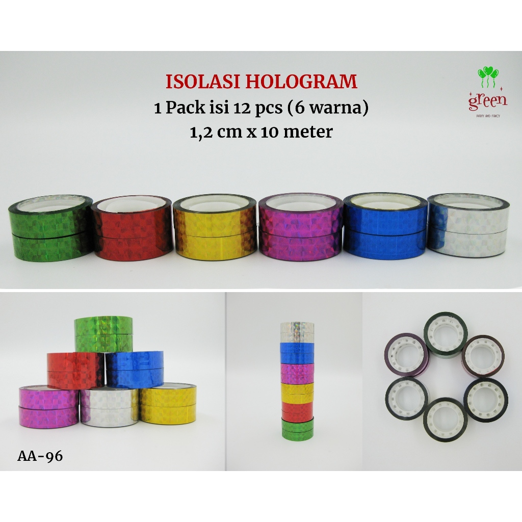 

[isi 12 pcs] Selotip Hologram 1,2 cm x 10 meter | 1,2 cm x 2 meter Isolasi Hologram Selotip metalik warna warni | Lakban hologram