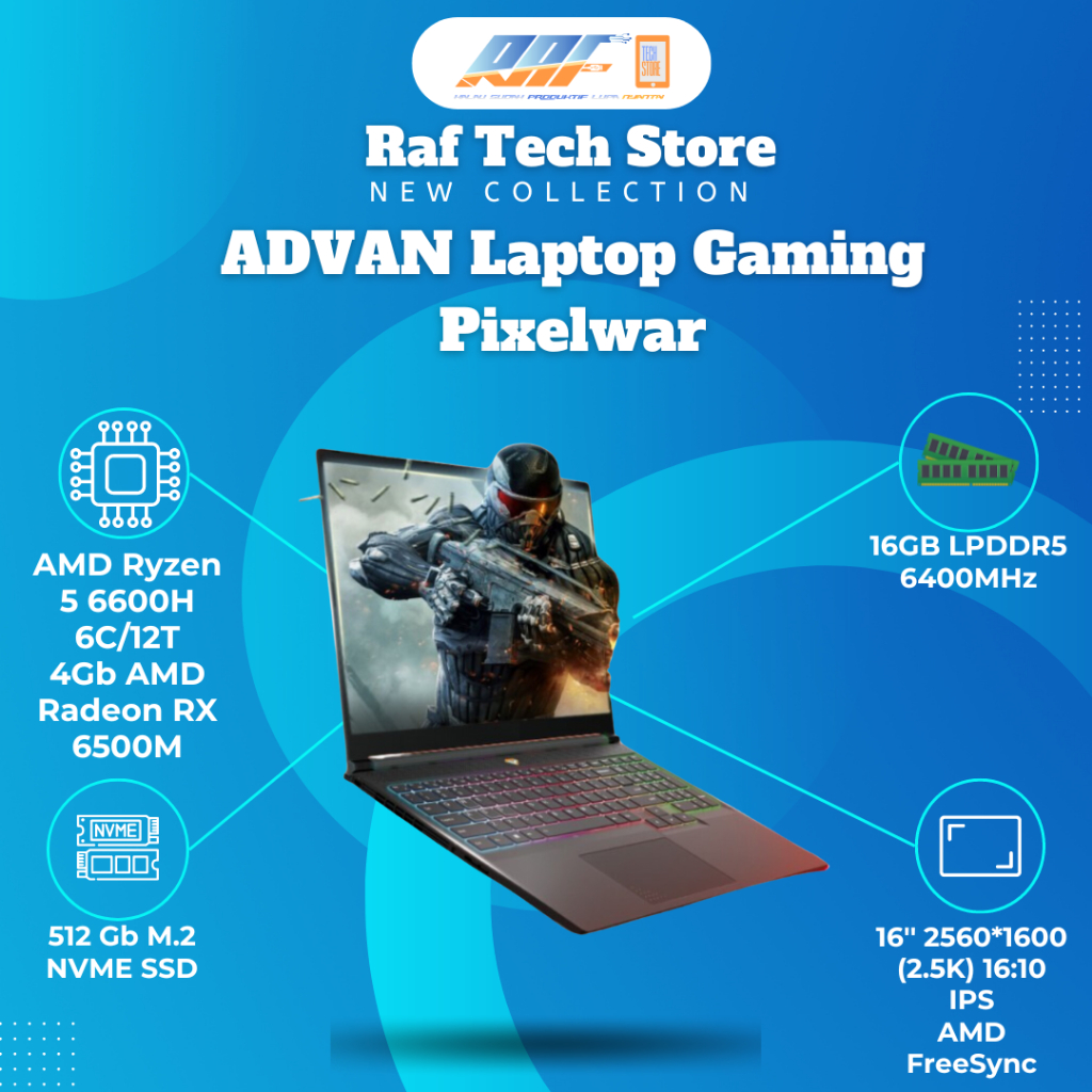 ADVAN Laptop Gaming Pixelwar AMD RYZEN 5 6600H 16” 2.5K IPS 16GB 512GB - Advan Gaming - Laptop Gamin