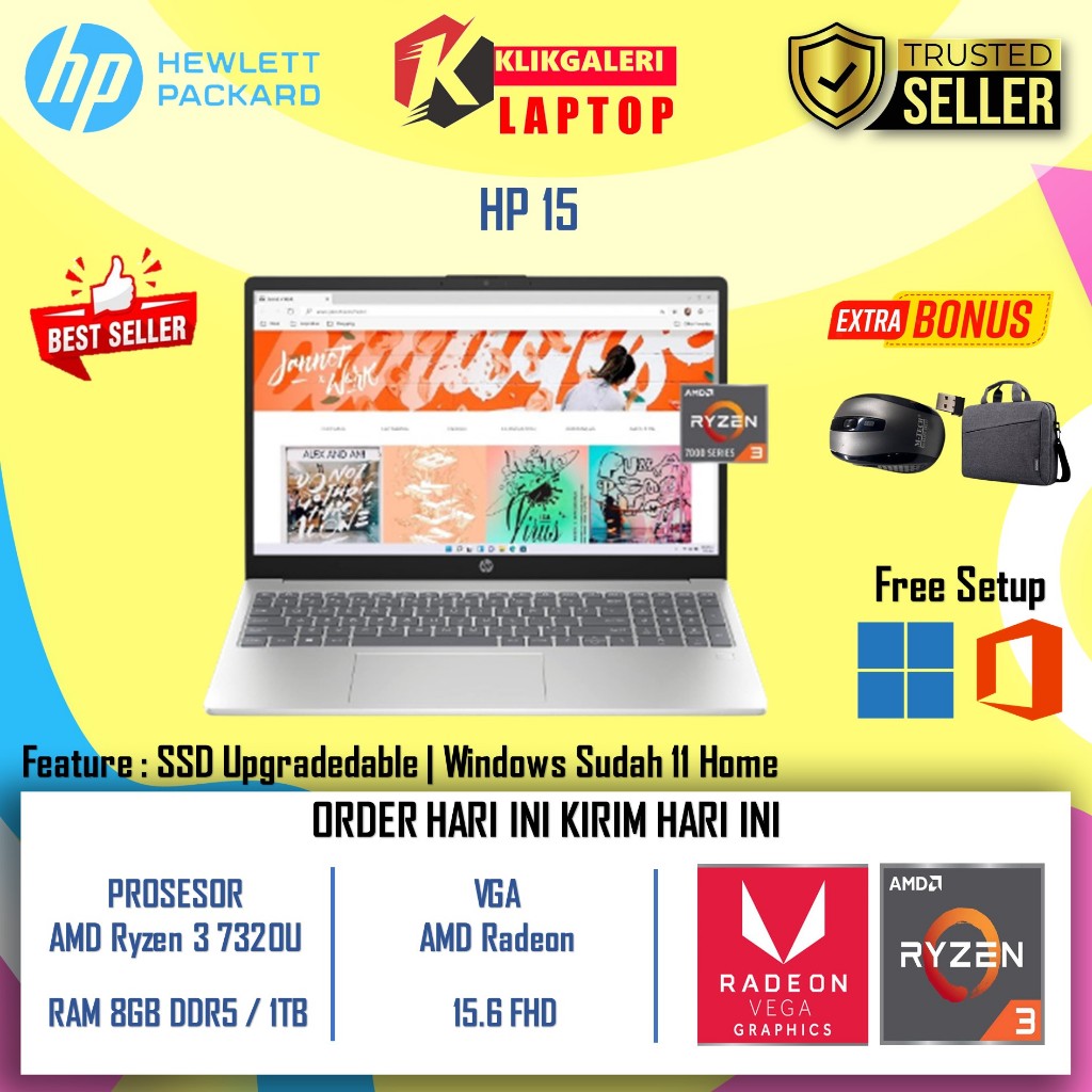 Laptop Gaming HP 15 AMD Ryzen 3 7320U 8GB DDR5 512GB SSD 15.6" FHD TOUCHSCRREN Win11
