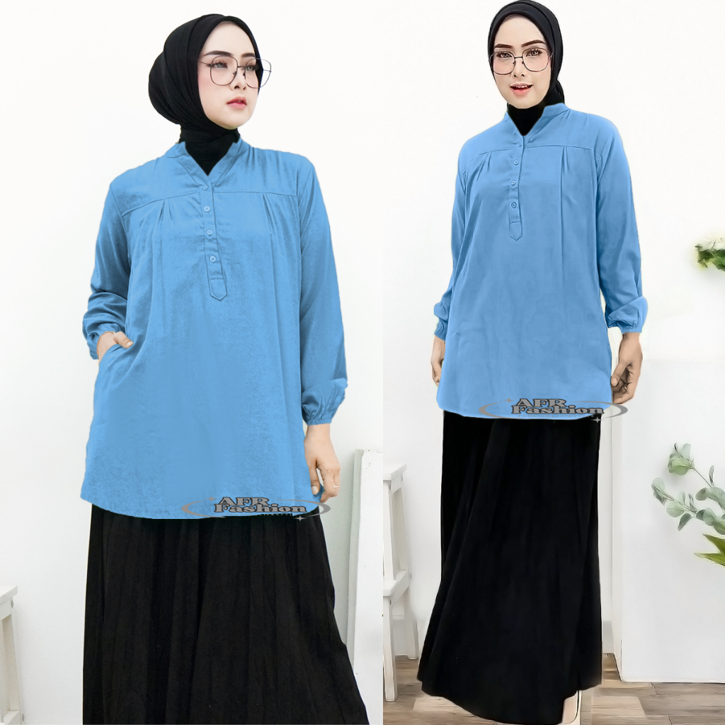 Blouse Wanita Polos Lengan Panjang Warna Biru Laut Kemeja Atasan Harian Dan Kerja Tendy Kekinian