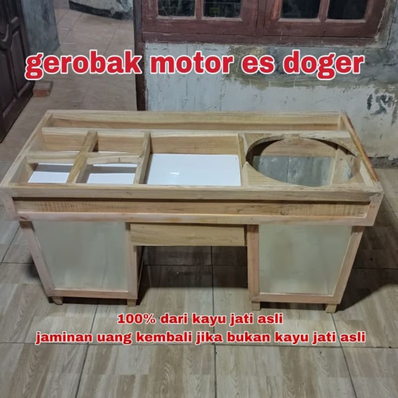 GEROBAK MOTOR ES DOGER, BISA CUSTOM UKURAN, BAHAN 100% DARI KAYU JATI ASLI