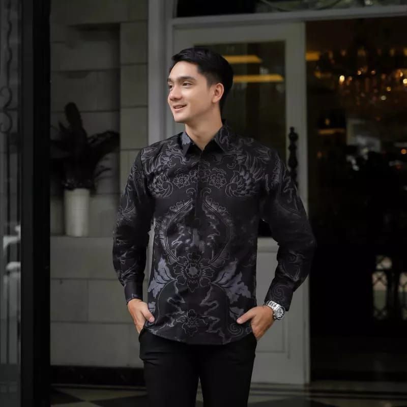 ATASAN KEMEJA BATIK PRIA LENGAN PANJANG LAPIS PURING MAHKOTA ABU