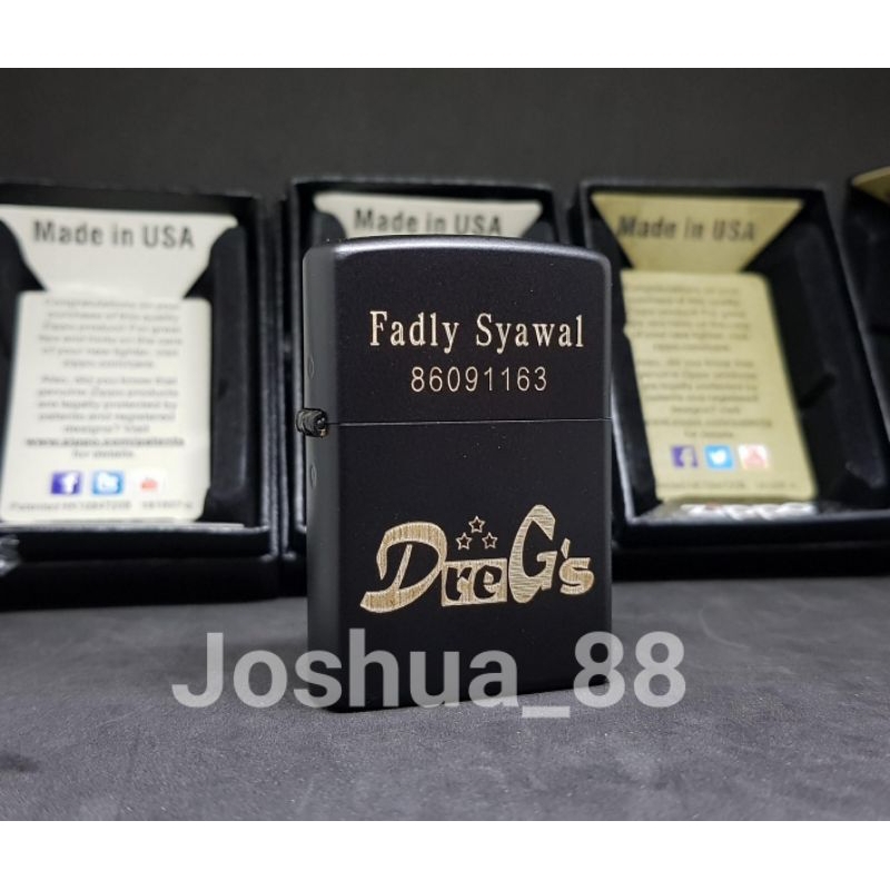 Zippo Korek Api Custom Ukir Logo Dregs Black Matte Bisa Ukir Nama Sendiri