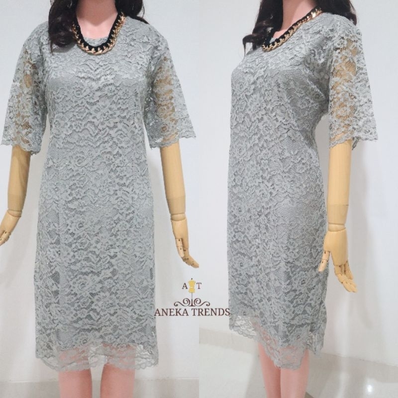 Dress Brukat Abu Abu Silver Import