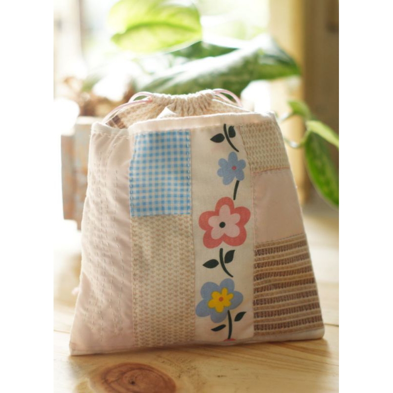 tas serut tas kantong kain perca jahit tangan hand stitch