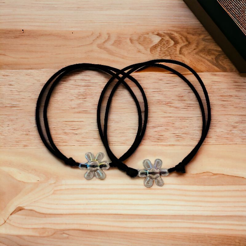 (isi 2pcs) gelang couple mine yours couple manik bunga clear tali satin tali korea warna hitam dan p
