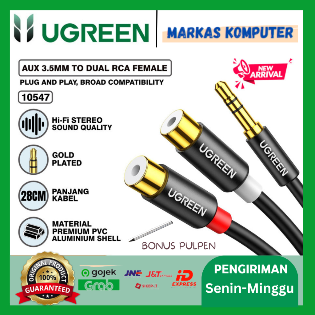 UGREEN Kabel Audio Stereo Jack 3.5mm To 2RCA Female For TV DVD Speaker